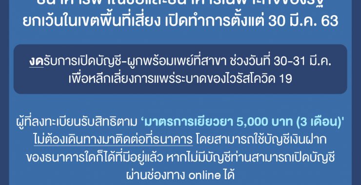 ธนาคารพาณิชย์-ธนาคารเฉพาะกิจของรัฐ เตรียมเปิดให้บริการตามปกติตั้งแต่ 30 มี.ค. 63 งดรับการเปิดบัญชี-ผูกพร้อมเพย์ที่สาขา ช่วง 30-31 มี.ค. เลี่ยงแพร่ระบาดโรคโควิด-19